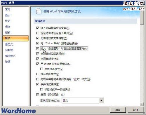 选中插入自选图形时自动创建绘图画布复选框