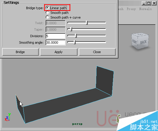 MAYA Polygons建模Edit Mesh命令集详解解释 脚本之家 MAYA建模教程14-Bridge-Linear-path.gif