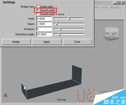 MAYA Polygons建模Edit Mesh命令集详解解释 脚本之家 MAYA建模教程15-Bridge-Smooth-path.gif