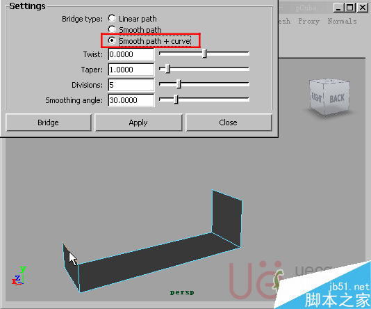 MAYA Polygons建模Edit Mesh命令集详解解释 脚本之家 MAYA建模教程16-Bridge-Smooth-path-+-curve.gif