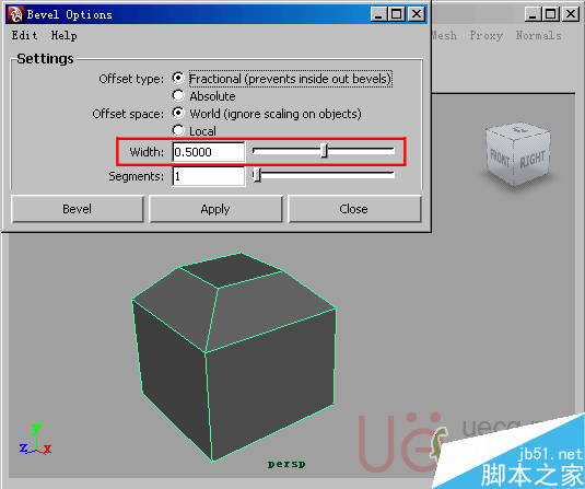 MAYA Polygons建模Edit Mesh命令集详解解释 脚本之家 MAYA建模教程53-bevel-width.gif