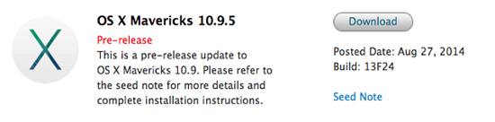 苹果推送新OS X Mavericks 10.9.5测试版 代号为13F24