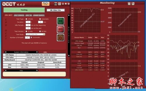 Pentium G3258超频至4.2GHz，运行OCCT拷机软件10分钟，记录CPU核心温度。