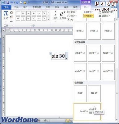 选择Word2010内置的函数实例