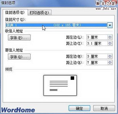 信封选项对话框
